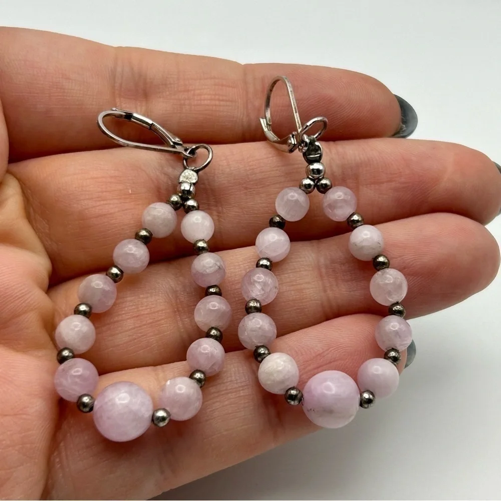 Genuine Rose Quartz Graduated Beaded Sterling Silver 925 Lever Back Earrings